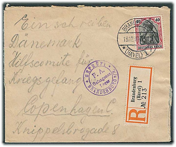 40 pfg. Germania single på anbefalet krigsfangebrev fra Brandenburg d. 18.12.1916 til Moskauer Hilfskomité i København. Violet lejrcensur.