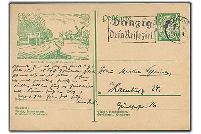 10 pfg. illustreret helsagsbrevkort Werderlandschaft stemplet Danzig d. 29.7.1934 til Hamburg.