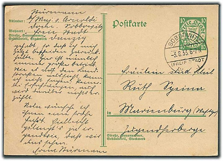 10 pfg. helsagsbrevkort stemplet Sobbowitz (Freistadt Danzig) d. 3.8.1933 til Marienburg.