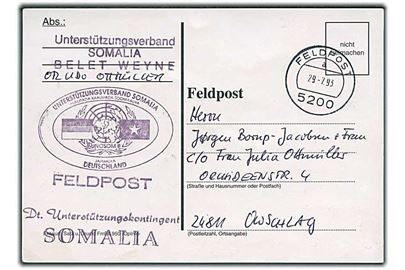 Ufrankeret fortrykt feltpostkort stemplet Feldpost 5200 d. 29.7.1993 til Owschlag, Tyskland. Fra tyske FN kontingent i Belet Weyne, Somalia - UNOSOM II. 
