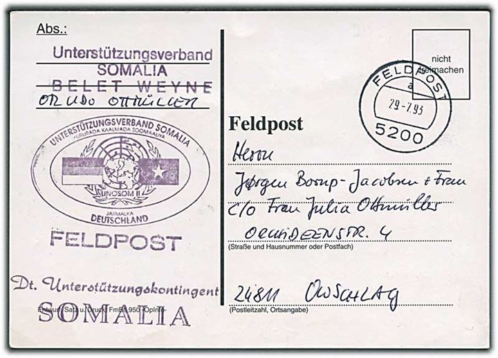 Ufrankeret fortrykt feltpostkort stemplet Feldpost 5200 d. 29.7.1993 til Owschlag, Tyskland. Fra tyske FN kontingent i Belet Weyne, Somalia - UNOSOM II. 