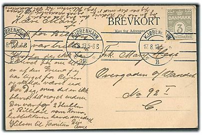 3 øre helsagsafklip anvendt som frankering på lokalt brevkort i Kjøbenhavn d. 17.8.1913.