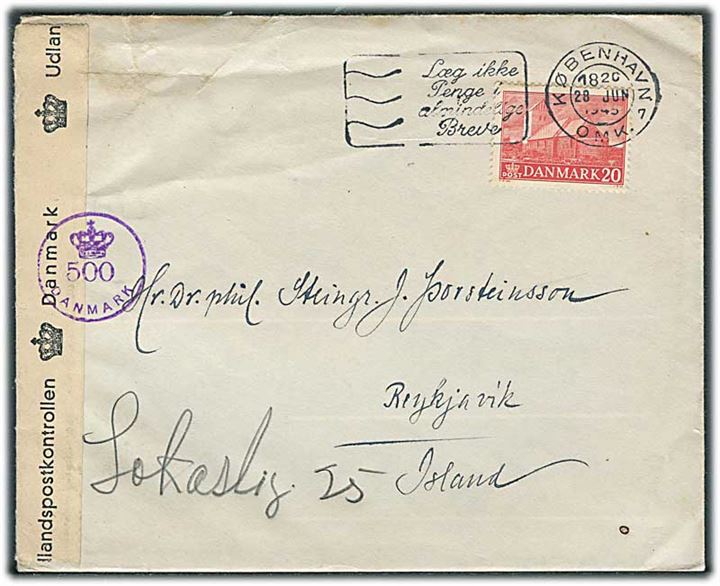 20 øre Landsbykirke single på brev fra København d. 28.6.1945 til Reykjavik, Island. Dansk efterkrigscensur (krone)/500/Danmark.
