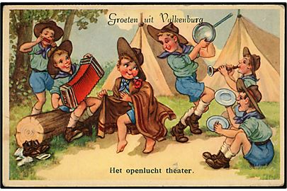 Hollandske spejdere spiller musik på telttur. Trykt i Belgien, Coloprint no. 53679/6.