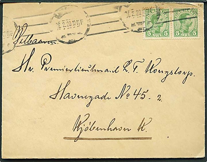 5 øre Chr. X i parstykke på fortrykt kuvert fra Chefen for Middelgrundfortet sendt lokalt i Kjøbenhavn d. 18.2.1920.