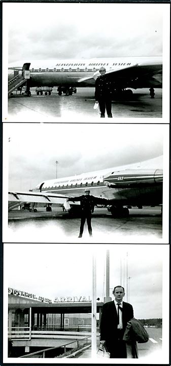 Arlanda lufthavn nær Stockholm og SAS passagermaskine. Tre fotografier (9x12 cm).