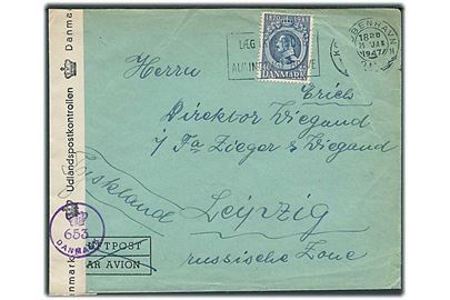 40 øre Chr. X 75 år single på brev fra København d. 25.1.1947 til Leipzig, Tyskland. Dansk efterkrigscensur (krone)/653/Danmark. Brevet foldet under afstempling.