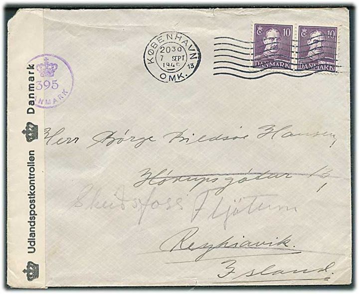 10 øre Chr. X i parstykke på brev fra København d. 7.9.1945 til Reykjavik, Island. Dansk efterkrigscensur (krone)/395/Danmark.