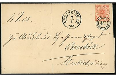 4 sk. Krone/Scepter (artighedsklippet) på brev annulleret med nr.stempel 47 og sidestemplet antiqua Nykjøbing p.F. d. 7.1.1867 via Gaabense d. 7.1. og 8.1. til Stubbekjøbing. Ank.stemplet d. 8.1.1867.