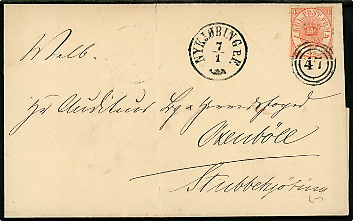 4 sk. Krone/Scepter (artighedsklippet) på brev annulleret med nr.stempel 47 og sidestemplet antiqua Nykjøbing p.F. d. 7.1.1867 via Gaabense d. 7.1. og 8.1. til Stubbekjøbing. Ank.stemplet d. 8.1.1867.