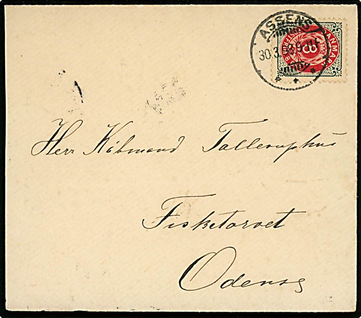 8 øre Tofarvet ret rm. på brev fra Assens d. 30.3.1898 til Odense.