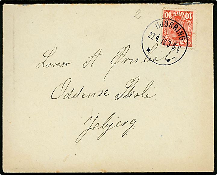 10 øre Chr. X på brev annulleret med brotype IIIb Hjørring ** d. 27.4.1918 til Jebjerg.