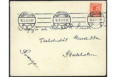 10 øre Chr. X på skærgårds skibsbrev fra Kjøbenhavn d. 18.3.1914 til Hasseludden via Vaxholmsbåt, Stockholm, Sverige.