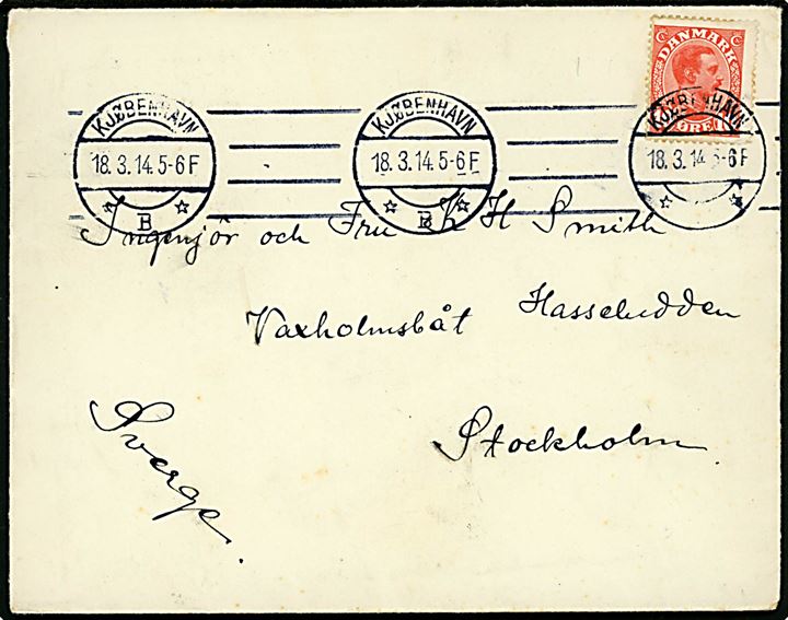 10 øre Chr. X på skærgårds skibsbrev fra Kjøbenhavn d. 18.3.1914 til Hasseludden via Vaxholmsbåt, Stockholm, Sverige.