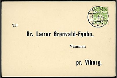 7 øre Bølgelinie på tryksagskort annulleret med brotype Ia Sandby d. 5.11.1928 til Vammen pr. Viborg.