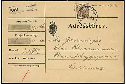 25 øre Chr. X single på adressebrev for pakke annulleret med brotype IIIb Vamdrup d. 9.12.1918 til Falling ved Horsens. 