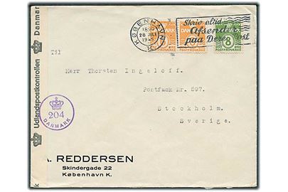 6 øre (par) og 8 øre Bølgelinie på brev fra København d. 28.7.1945 til Stockholm, Sverige. Efterkrigscensur (krone)/204/Danmark.