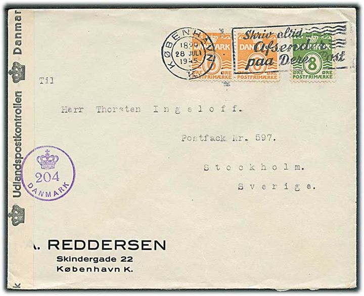 6 øre (par) og 8 øre Bølgelinie på brev fra København d. 28.7.1945 til Stockholm, Sverige. Efterkrigscensur (krone)/204/Danmark.