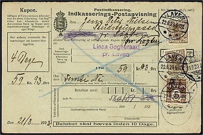 5 øre Bølgelinie og 20 øre Chr. X (2) på retur Indkasserings-Postanvisning annulleret med brotype IIb Laven d. 22.8.1923 til Studstrupgaard pr. Løgten.