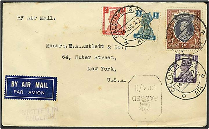 1,09 1/2 rupi på luftpostbrev fra Calcutta, Indien, d. 14.8.1942 til New York, USA. Engelsk censur.