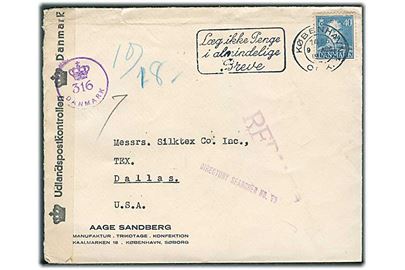 40 øre Chr. X single på brev fra København d. 9.8.1945 til Dallas, USA. Retur som ubekendt. Dansk efterkrigscensur (krone)/316/Danmark.