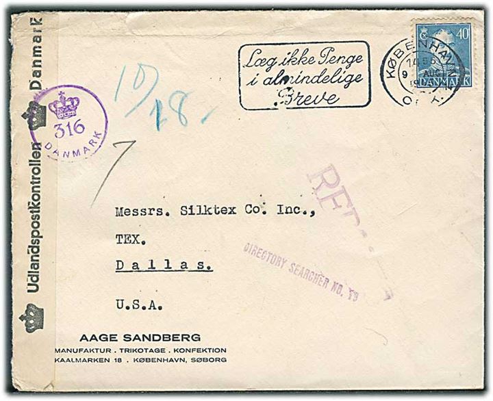 40 øre Chr. X single på brev fra København d. 9.8.1945 til Dallas, USA. Retur som ubekendt. Dansk efterkrigscensur (krone)/316/Danmark.