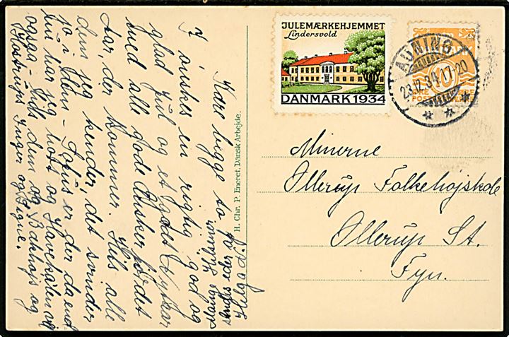 10 øre Bølgelinie og Julemærke 1934 på julekort annulleret med brotype Ic Auning d. 23.12.1934 til Ollerup.