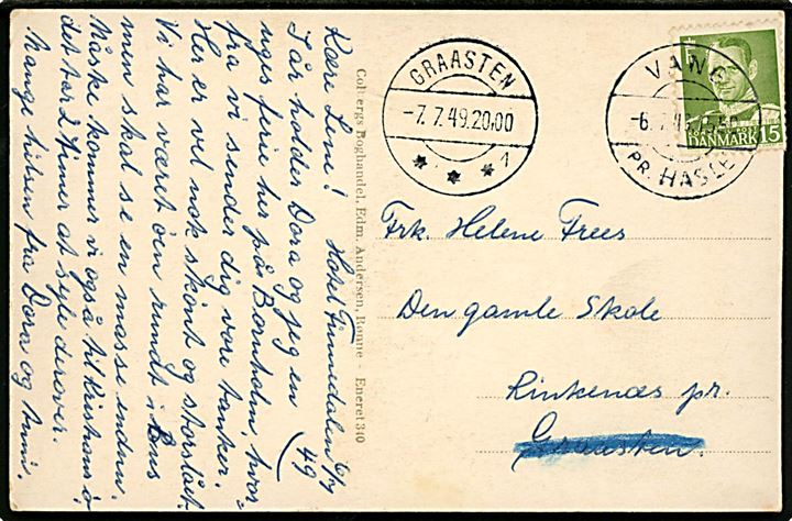 15 øre Fr. IX på brevkort annulleret med pr.-stempel Vang pr. Hasle d. 6.7.1949 til Rinkenæs pr. Graasten. Transit stemplet i Graasten d. 7.7.1949.