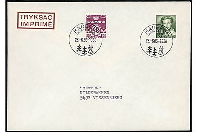 40 øre Bølgelinie og 1,60 kr. Margrethe på tryksag annulleret med turiststempel Haderup Over-Feldborg d. 23.6.1983 til Vissenbjerg.