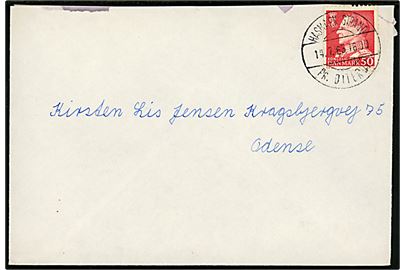 50 øre Fr. IX på brev fra Tørresø Strand pr. Otterup annulleret ved sommerbrevsamlingssted Hasmark Strand pr. Otterup d. 14.7.1965 til Odense. Urent åbnet.