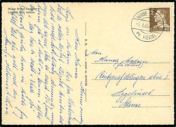 40 øre Fr. IX på brevkort (Henne Strand Camping) annulleret med pr.-stempel ved sommer-brevsamlingssted henne Strand pr. Henne d. 5.8.1965 til Odense.