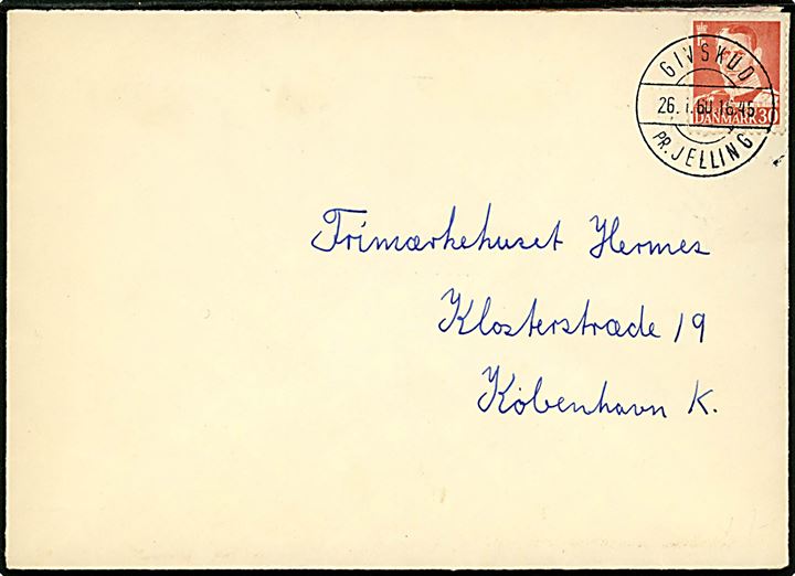 30 øre Fr. IX på brev annulleret med pr.-stempel Givskud pr. Jelling d. 26.1.1960 til København.