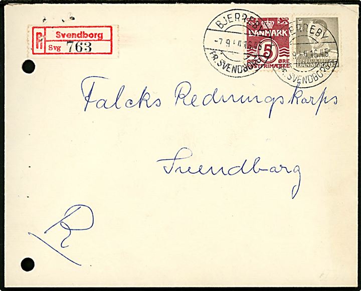 5 øre Bølgelinie og 65 øre Fr. IX på anbefalet lokalbrev annulleret med pr.stempel Bjerreby pr. Svendborg d. 7.9.1954 til Svendborg. To arkivhuller.