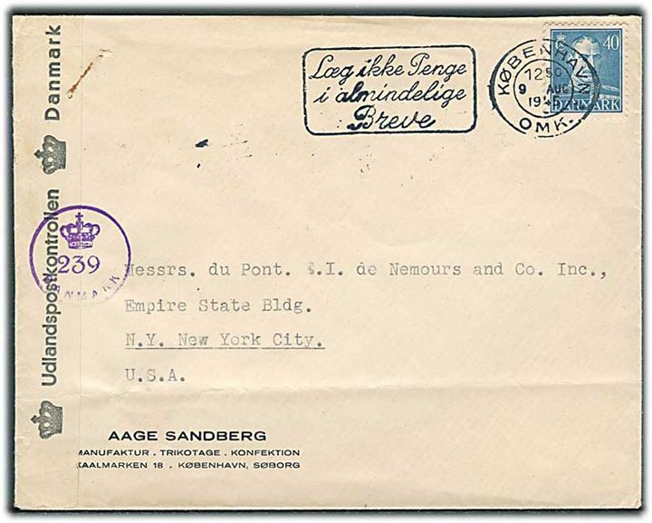 40 øre Chr. X single på brev fra København d. 9.8.1945 til New York, USA. Efterkrigscensur (krone)/239/Danmark.