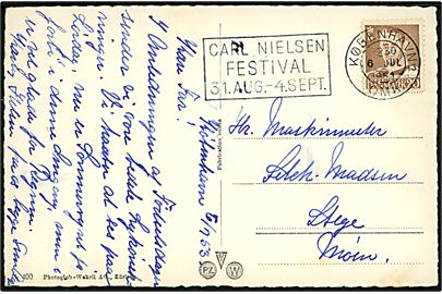 20 øre Fr. IX på brevkort annulleret med TMS Carl Nielsen festival 31. AUG. - 4. SEPT. / København OMK. 13 d. 6.7.1953 til Stege.