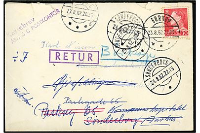 30 øre Fr. IX på brev fra Børkop d. 23.8.1962 til Sønderborg - eftersendt til Aarhus og returneret til Børkop. Violet stempel Kassebrev / Århus Postkontor og på bagsiden Flyttet, hvorhen vides ikke / Sønderborg Postkontor.