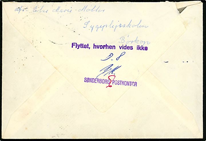 30 øre Fr. IX på brev fra Børkop d. 23.8.1962 til Sønderborg - eftersendt til Aarhus og returneret til Børkop. Violet stempel Kassebrev / Århus Postkontor og på bagsiden Flyttet, hvorhen vides ikke / Sønderborg Postkontor.