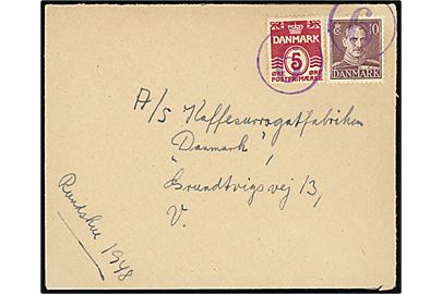 5 øre Bølgelinie og 10 øre Chr. X på lokalbrev i København mærket Rundskue 1948 annulleret med violet stempel 6 eller 9 til A/S Kaffesurogatfabrikken Danmark. 