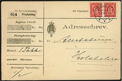 10 øre Tjenestemærke i parstykke på adressebrev for tjenestepakke fra Ringkjøbing d. 5.3.1904 til Holstebro. Rift på bagsiden.
