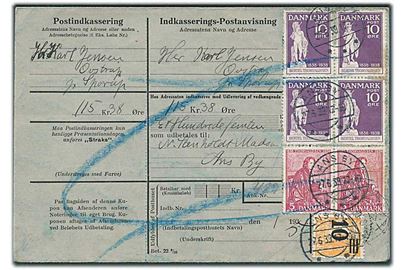 5 øre (par) og 10 øre (fireblok) Thorvaldsen, samt 10/30 øre Provisorium på retur Indkasserings-Postanvisning fra Ans By d. 27.6.1939 til Spørup.