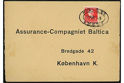15 øre H. C. Andersen på brev annulleret med ovalt jernbanestempel Herfølge *D.S.B.* d. 18.4.1936 til København.