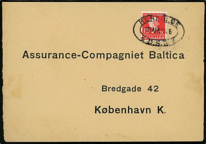 15 øre H. C. Andersen på brev annulleret med ovalt jernbanestempel Herfølge *D.S.B.* d. 18.4.1936 til København.