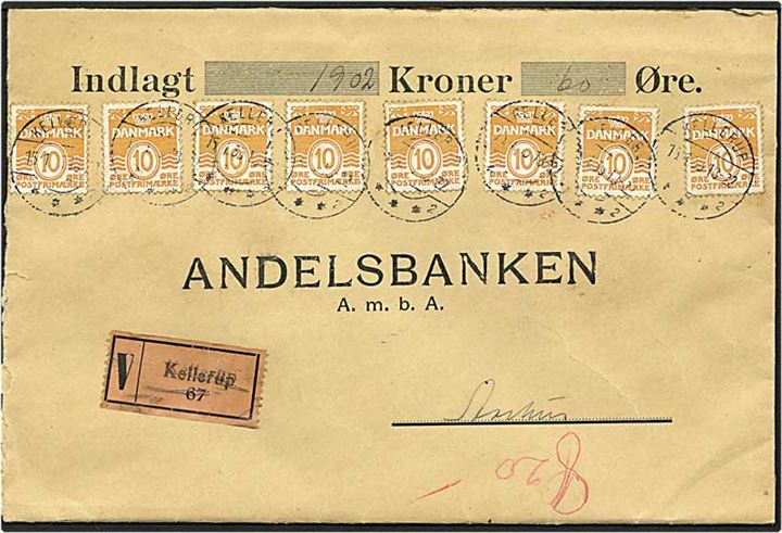 80 øre porto på værdibrev fra Kellerup d. 15.1.1935 til Aarhus.