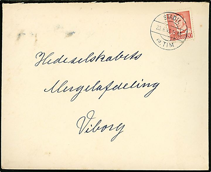 20 øre Fr. IX på brev annulleret med pr.-stempel Stadil pr. Tim d. 20.6.1949 til Viborg.