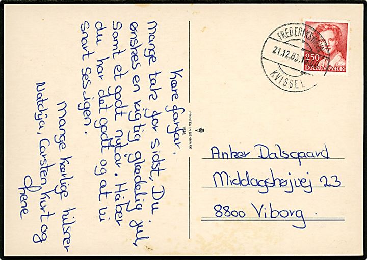 2,50 kr. Margrethe på brevkort annulleret med Ulsted type stempel Frederikshavn Kvissel d. 21.12.1983 til Viborg.