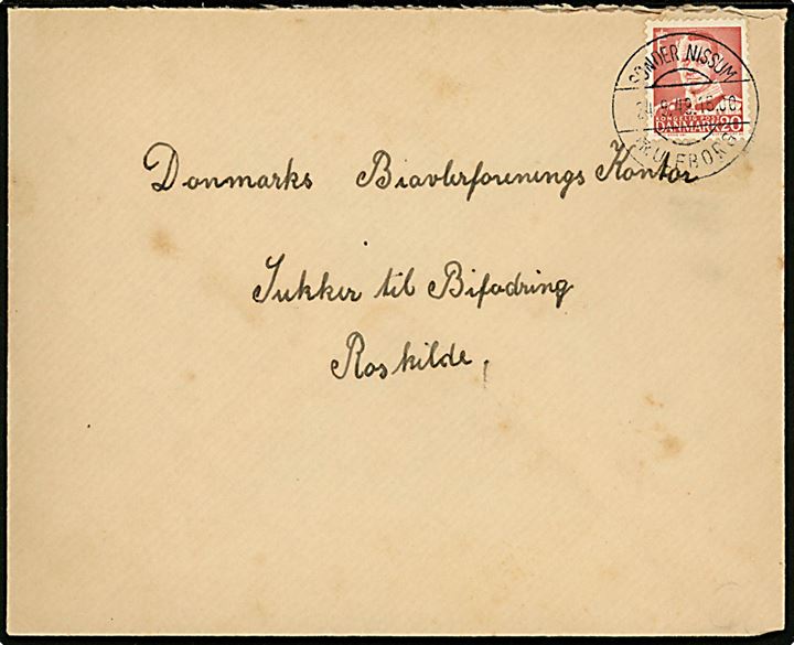 20 øre Fr. IX på brev annulleret med pr.-stempel Sønder Nissum pr. Ulfborg d. 24.9.1949 til Roskilde