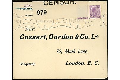 15 øre Chr. X i parstykke på 2. vægtkl. brev fra Kjøbenhavn d. 30.12.1915 til London, England. Åbnet af britisk censur no. 979.