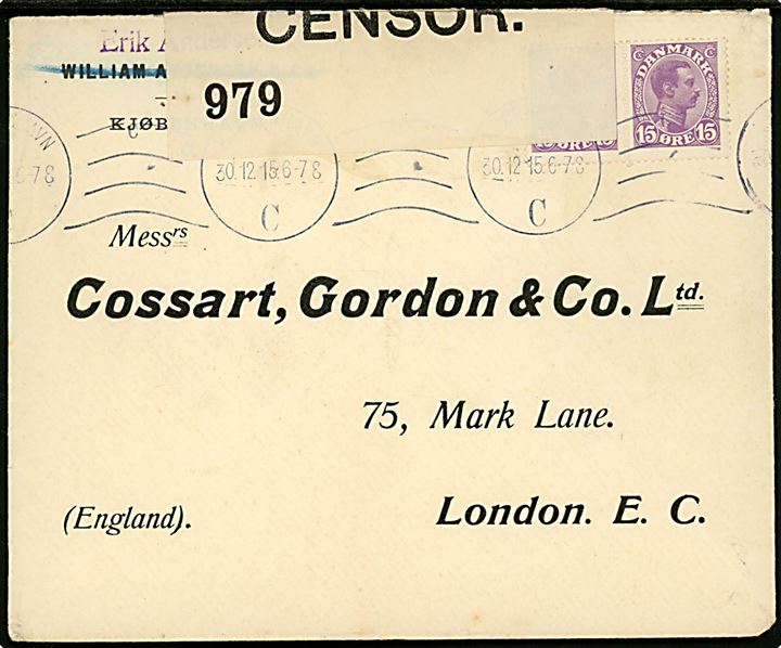 15 øre Chr. X i parstykke på 2. vægtkl. brev fra Kjøbenhavn d. 30.12.1915 til London, England. Åbnet af britisk censur no. 979.
