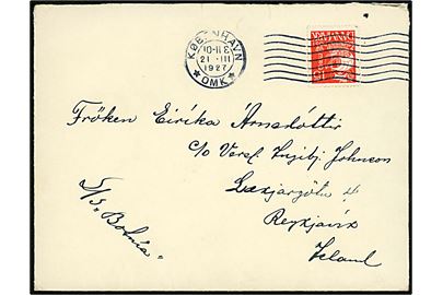 15 øre Karavel på brev påskrevet S/S Botnia fra København d. 21.3.1927 til Reykjavik, Island.