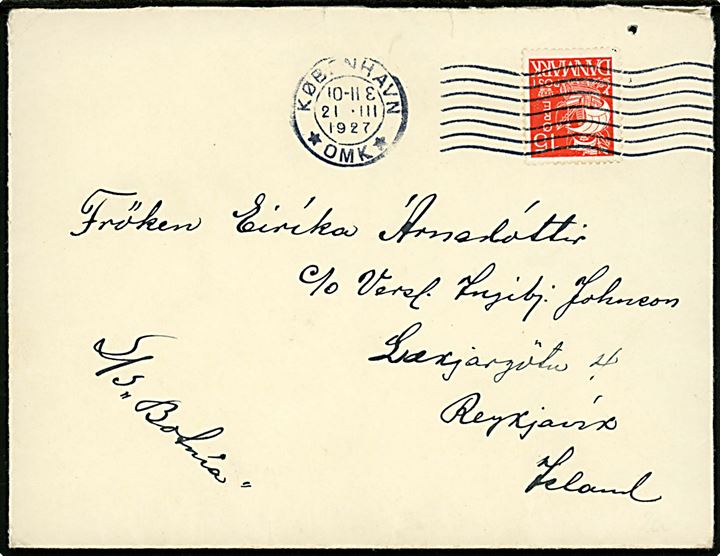 15 øre Karavel på brev påskrevet S/S Botnia fra København d. 21.3.1927 til Reykjavik, Island.